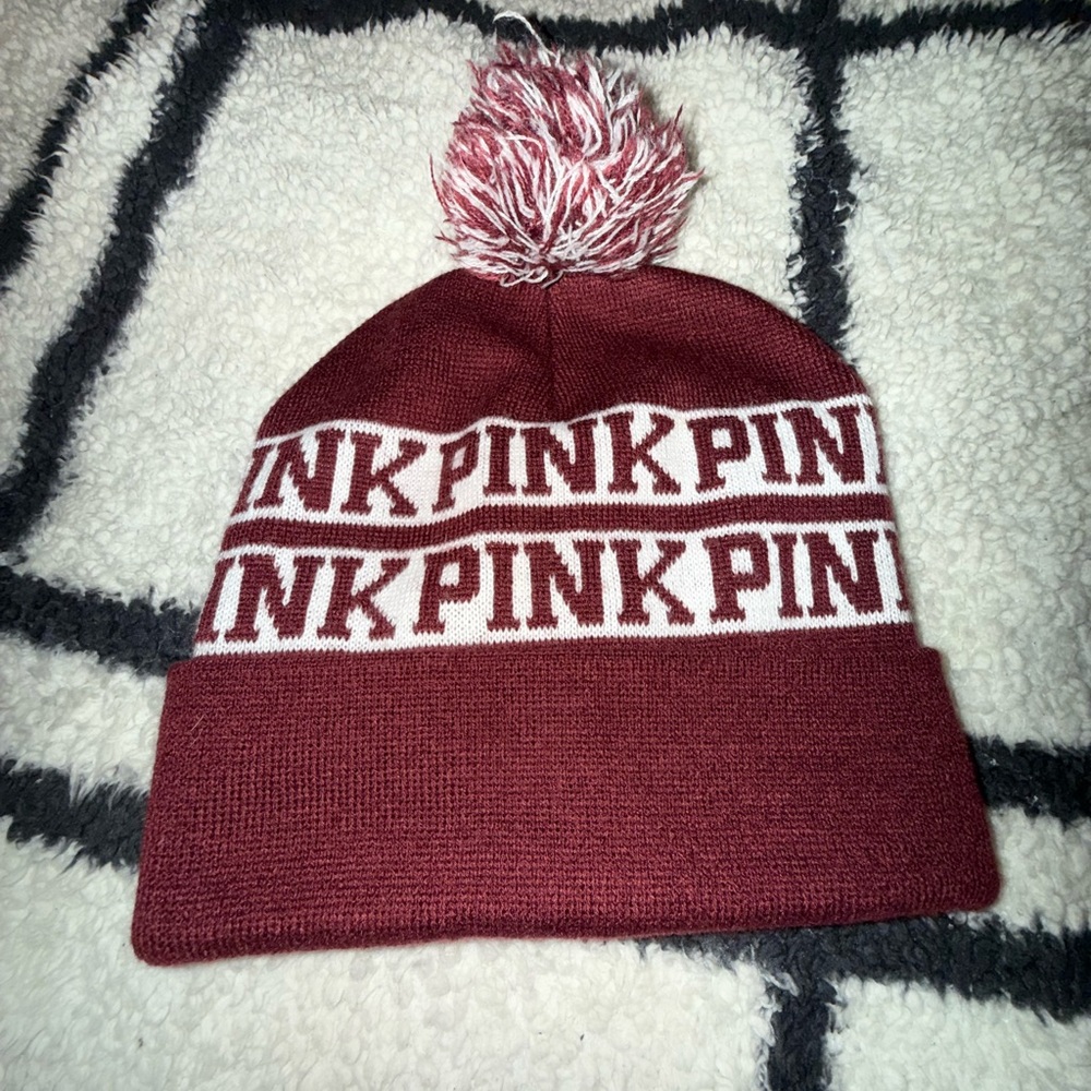 PINK Victoria's Secret Kids Pom Beanie in Maroon and White